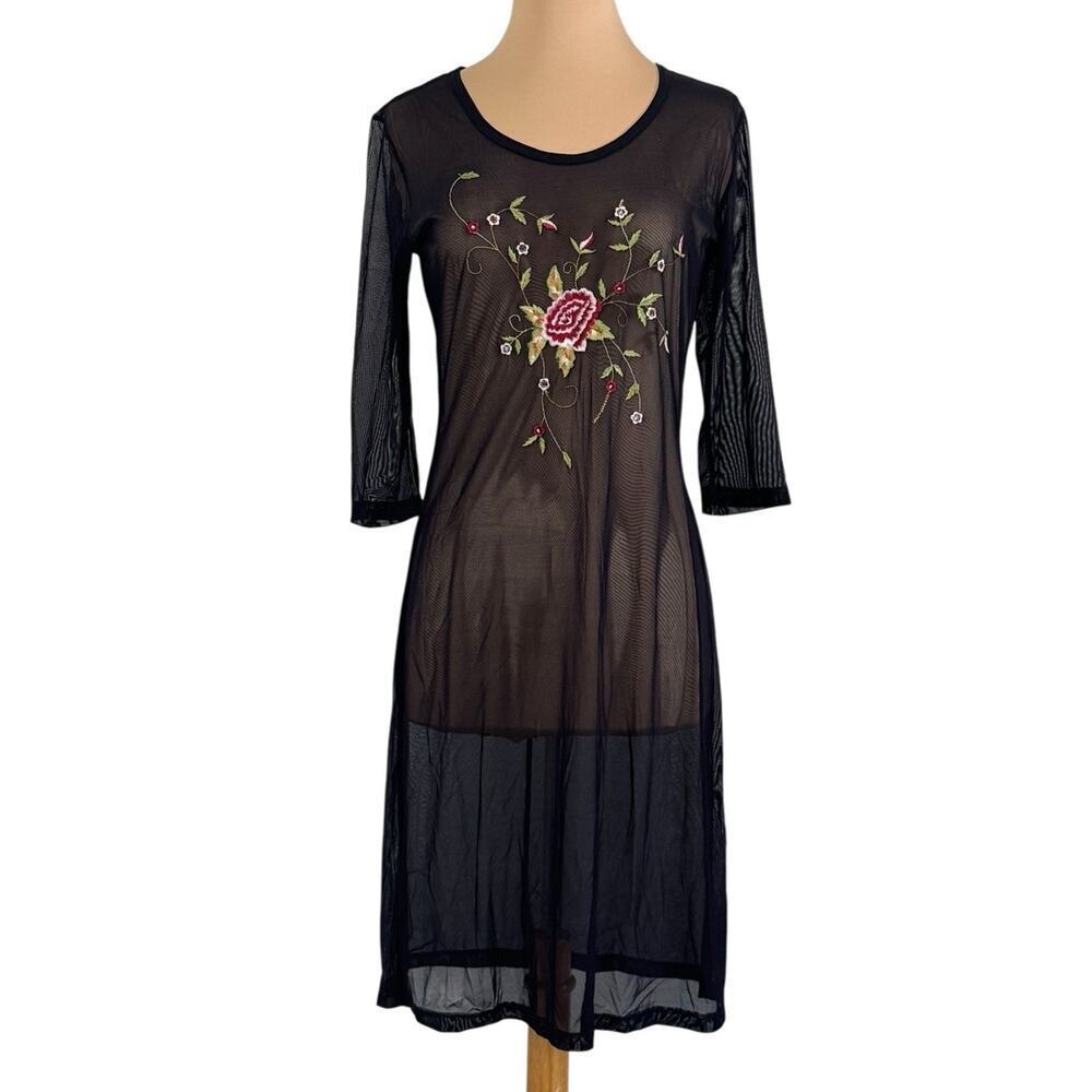 HEART MOON STAR Sheer Mesh Floral Embroidered Beach Coverup Dress 3/4 Sleeve S - Picture 3 of 9